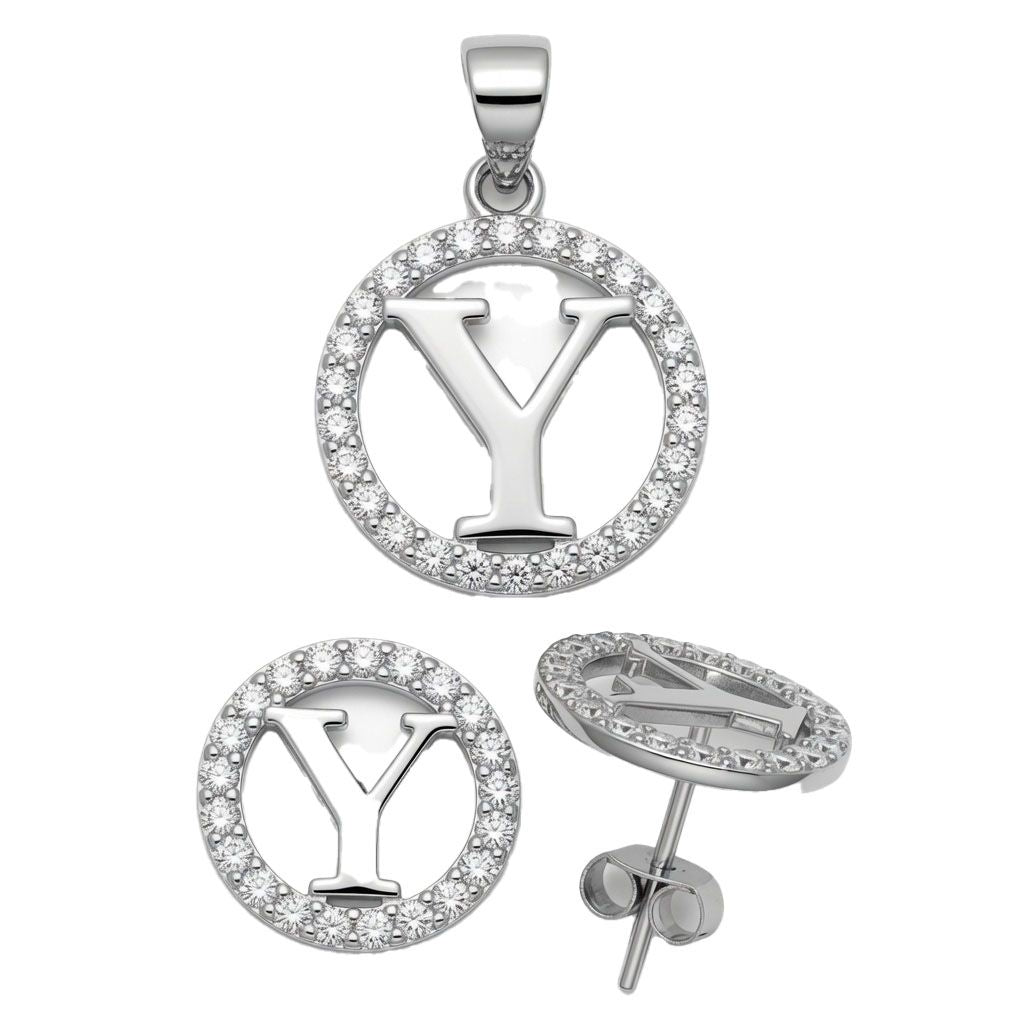 925 Sterling Silver Cubic Zirconia Letter A Pendant Set