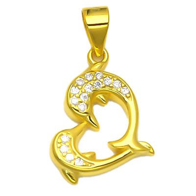 925 Sterling Silver 14K Gold Plated Cubic Zirconia Dolphin Heart Pendant