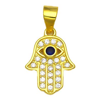 Ciondolo Hamsa Occhio di Allah in Argento Sterling 925 Placcato Oro 14K con Zirconi Cubici
