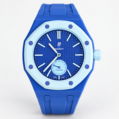 Swatch x AP Royal Pop LAN BA front view with blue rubber strap, blue dial and light-blue bezel on white background
