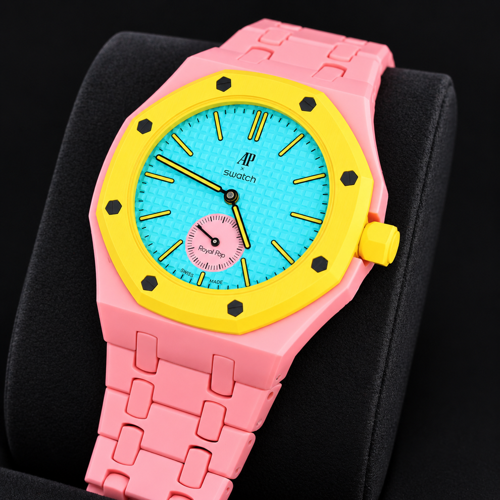 Swatch x Audemars Piguet Royal Pop OTG ROZ SSX03J100N with sand pink Bioceramic bracelet and yellow bezel, front view