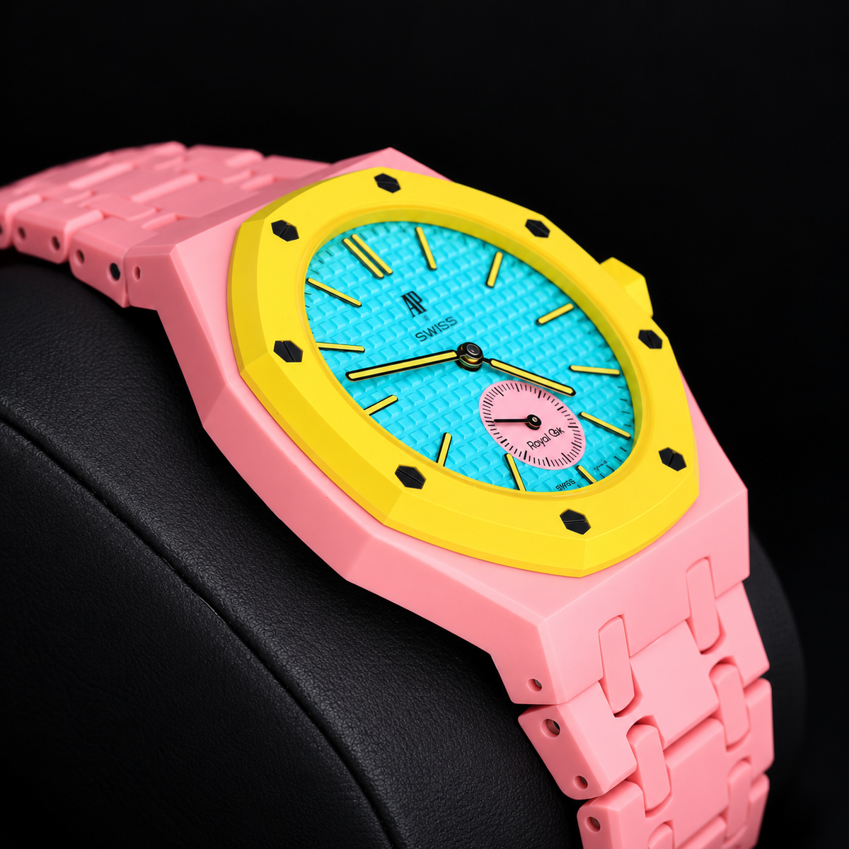 Swatch x Audemars Piguet Royal Pop OTG ROZ SSX03J100N with sand pink Bioceramic bracelet and yellow bezel, angled view