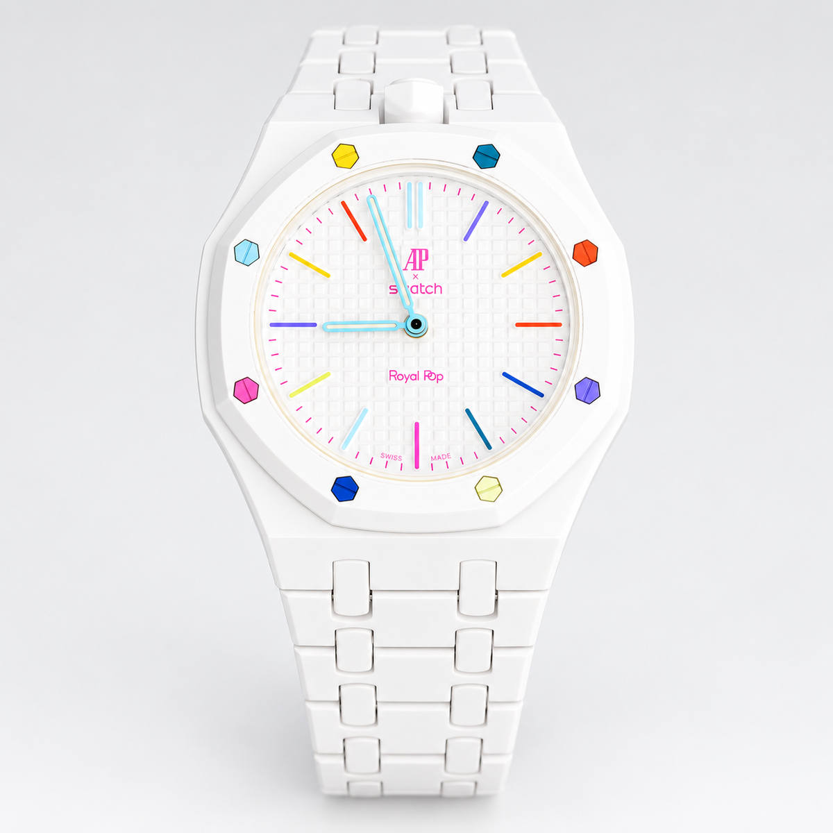 Swatch x Audemars Piguet Royal Pop HUIT BLANC with white linked bracelet and multicoloured dial accents on white background