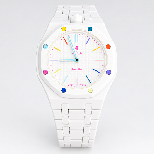 Swatch x Audemars Piguet Royal Pop HUIT BLANC with white linked bracelet and multicoloured dial accents on white background