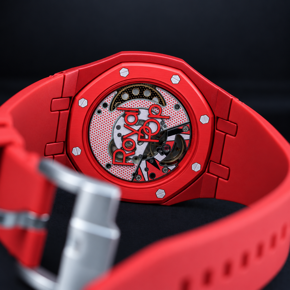 Royal Pop Otto Rosso SSX03R100N pocket watch, transparent caseback and mechanical movement