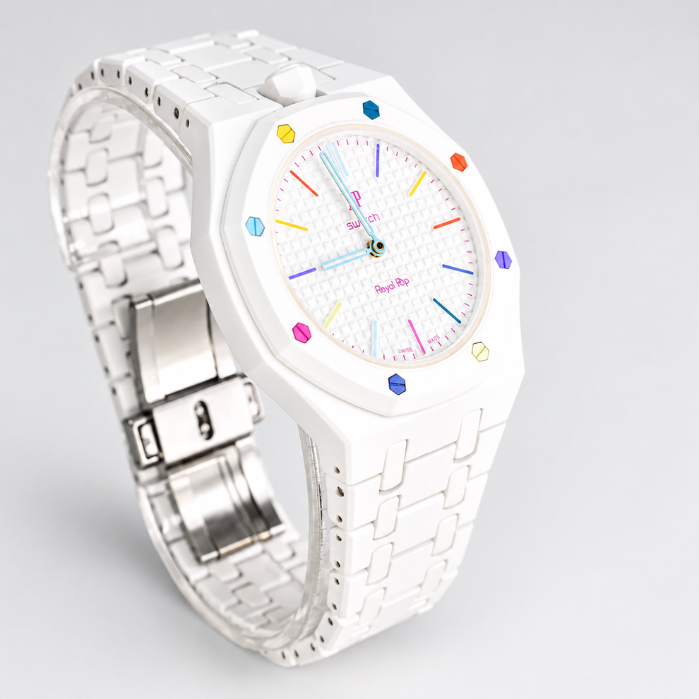 Swatch x Audemars Piguet Royal Pop HUIT BLANC Uhr mit Bioceramic-Armband und -Gehäuse SSX03W100N – Neu, ungetragen