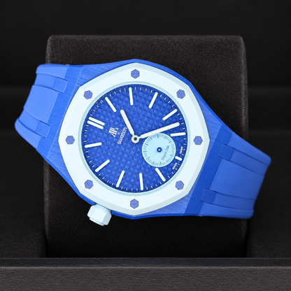 Royal Pop LAN BA opposite horizontal view showing textured blue dial, light-blue bezel and blue rubber strap