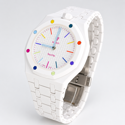 Royal Pop HUIT BLANC angled view showing white linked bracelet, multicoloured bezel screws and silver-tone clasp