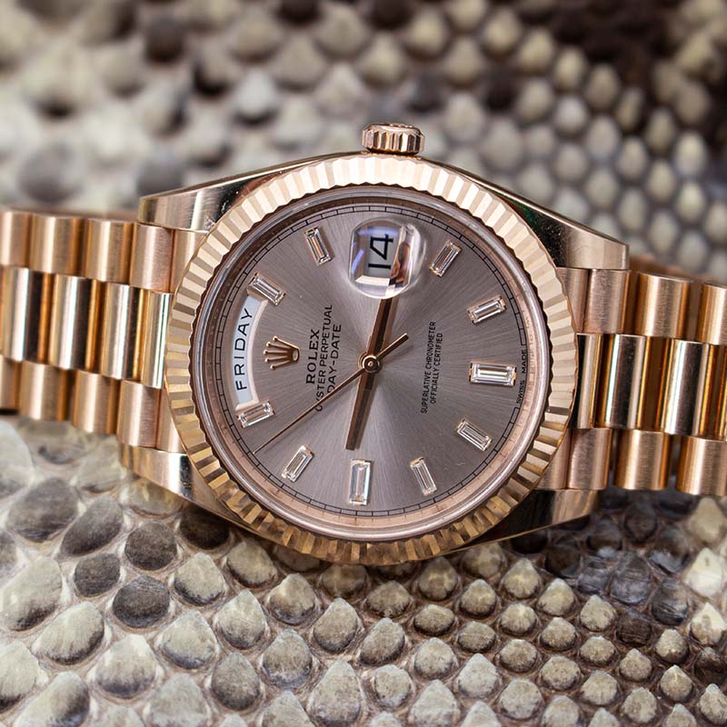 Rolex Daydate 40 228235 Oyster Bracelet Pink Dial Rose Gold 2018 Pristine Condition Fluted Bezel 40 Mm Mechanical Watch - product image from Imperial Tim...
