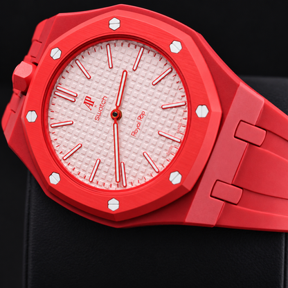 Royal Pop Otto Rosso SSX03R100N pink-red dial and textured face, close-up