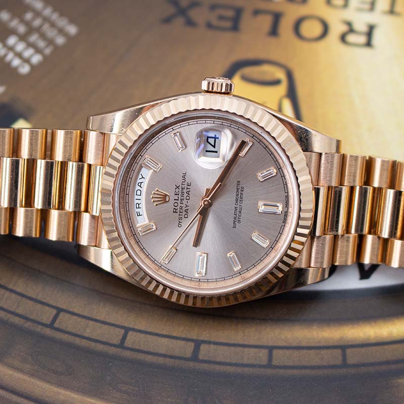 Rolex Daydate 40 228235 Oyster Bracelet Pink Dial Rose Gold 2018 Pristine Condition Fluted Bezel 40 Mm Mechanical Watch - product image from Imperial Tim...