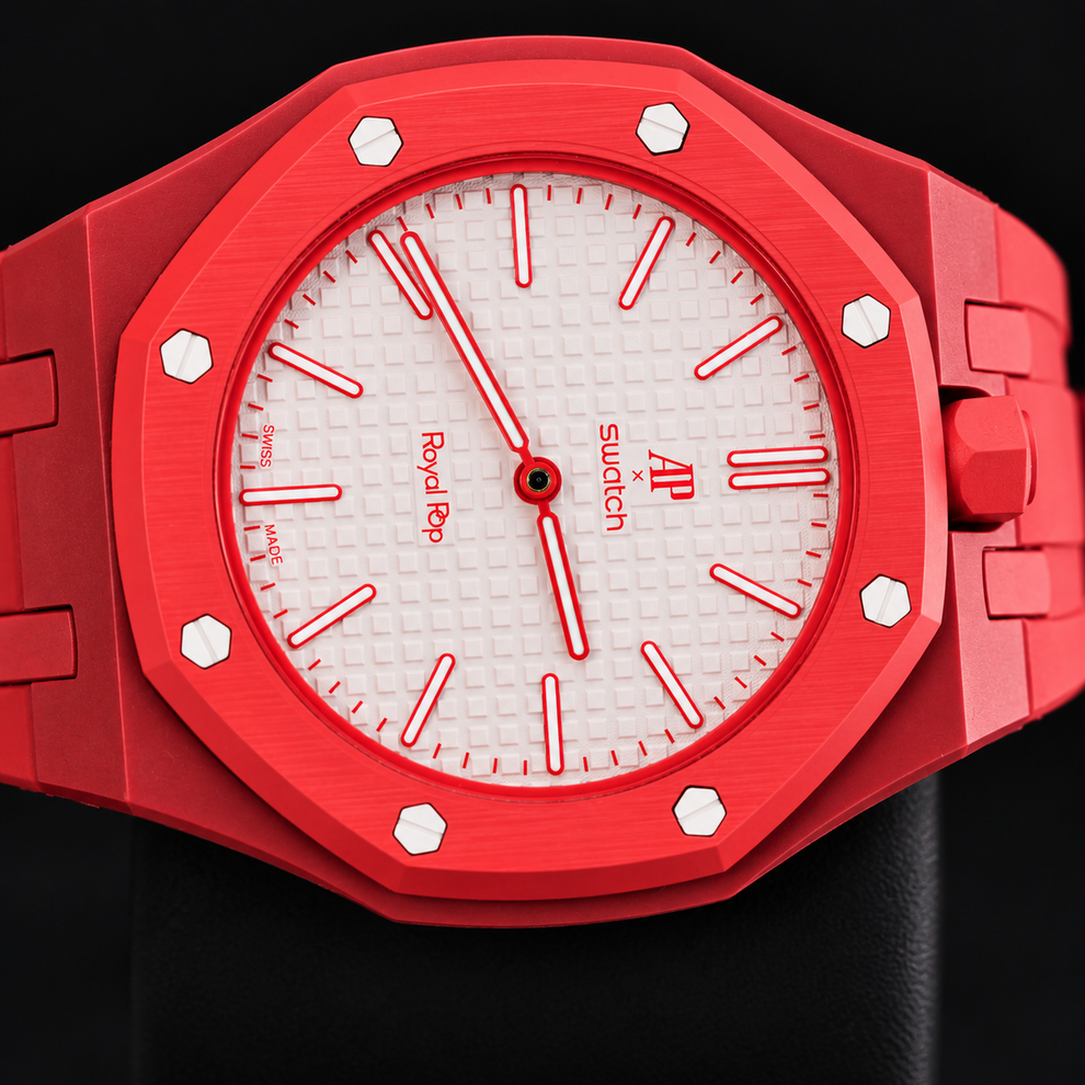 Swatch Royal Pop Otto Rosso SSX03R100N watch dial, angled close-up view