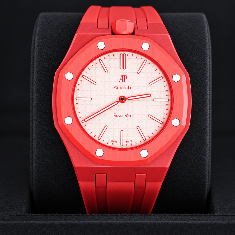 Royal Pop Otto Rosso SSX03R100N pink-red Bioceramic pocket watch, front view on dark background