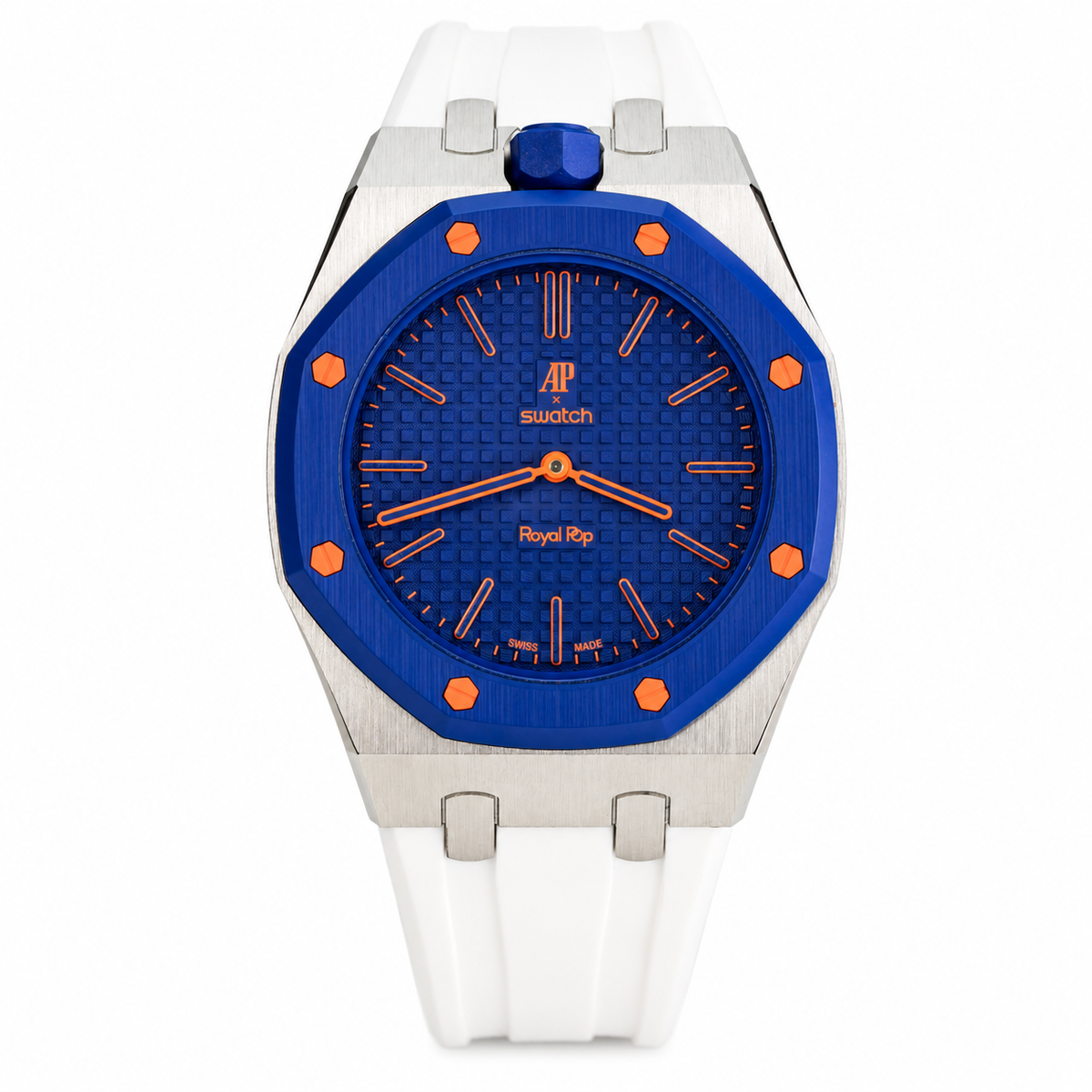 Swatch x Audemars Piguet Royal Pop Orenji Hachi SSX03L103N watch with metal conversion case and white rubber strap