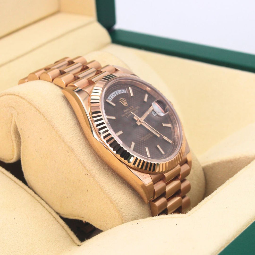 Rolex Daydate 40 228235 Oyster Bracelet Brown Dial Rose Gold 2020 Pristine Condition Fluted Bezel 40 Mm Mechanical Watch - product image from Imperial Ti...
