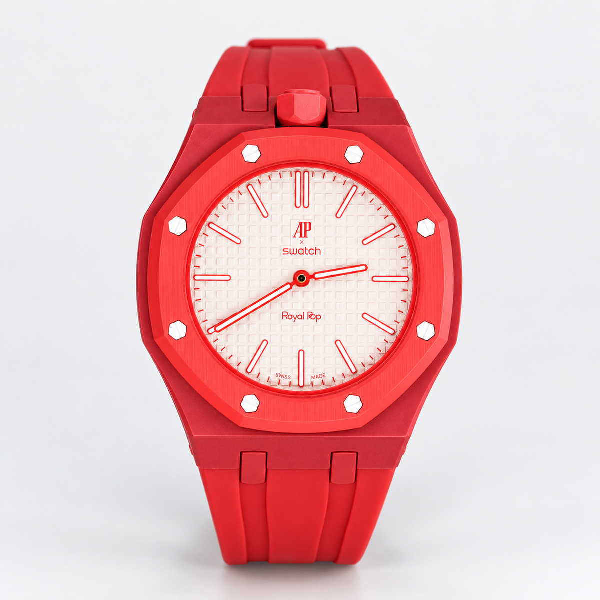 Swatch x Audemars Piguet Royal Pop Otto Rosso SSX03R100N pocket watch, front view on white background