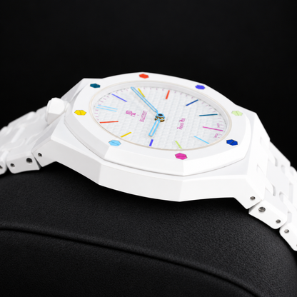 Royal Pop HUIT BLANC low side view showing white case and linked bracelet with crown on the left