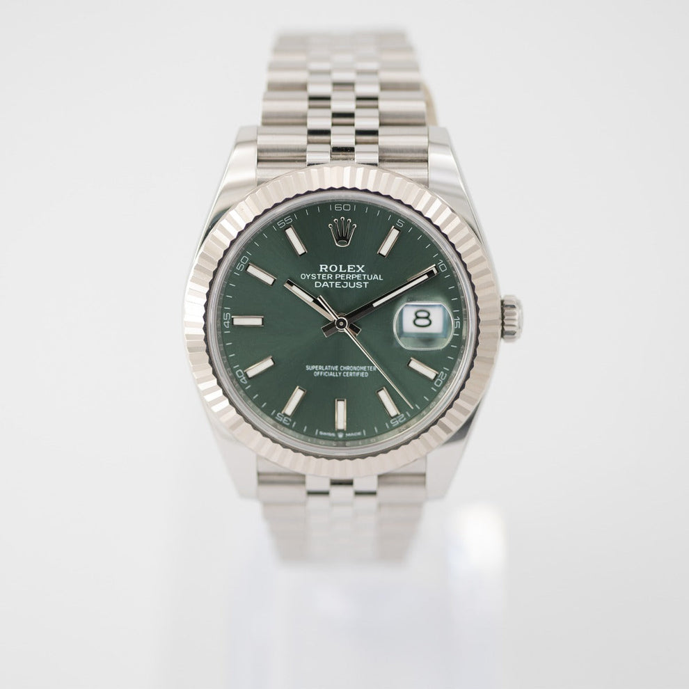 Rolex Datejust 41 reference 126334, mint green dial with Jubilee bracelet, 2023
