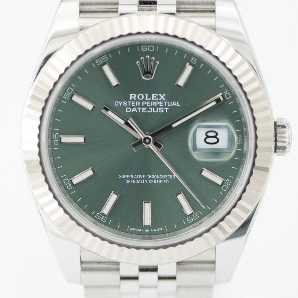 Rolex Datejust 41 reference 126334, mint green dial with Jubilee bracelet, 2023