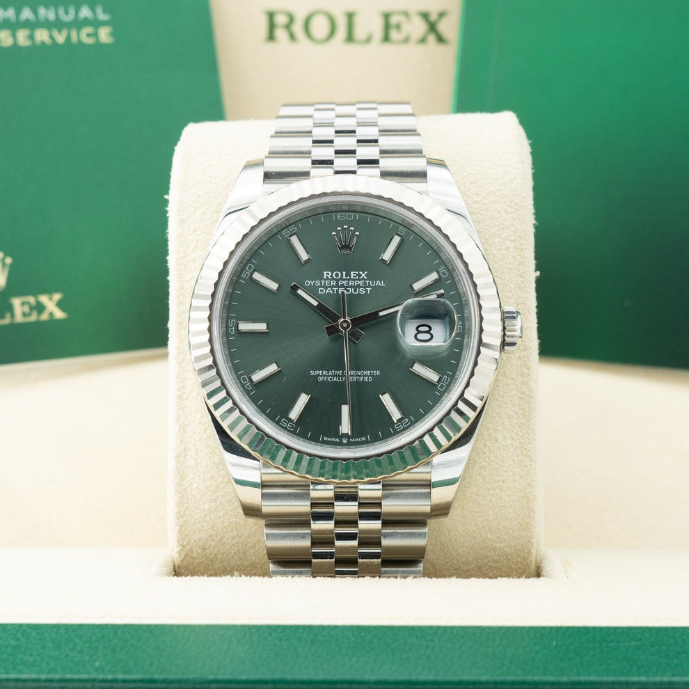 Rolex Datejust 41 reference 126334, mint green dial with Jubilee bracelet, 2023