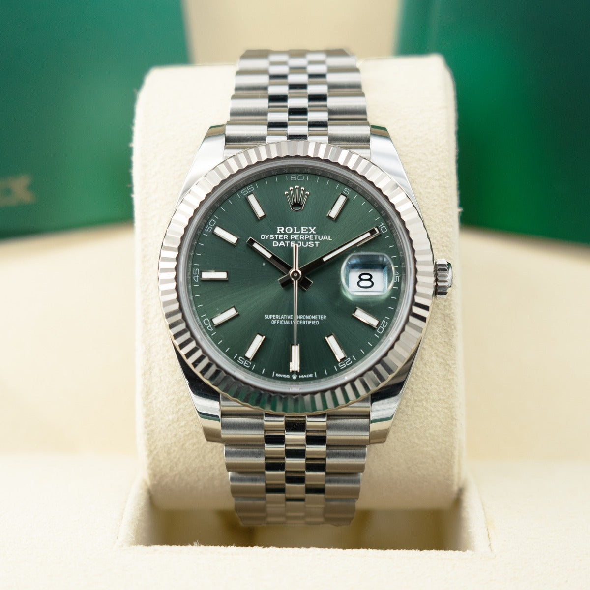 Rolex Datejust 41 126334 Jubilee Bracelet Green Dial Stainless Steel 2022 Unworn Condition Fluted Bezel 41 Mm Mechanical Watch - product image from Imper...