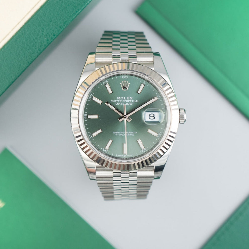 Rolex Datejust 41 reference 126334, mint green dial with Jubilee bracelet, 2023