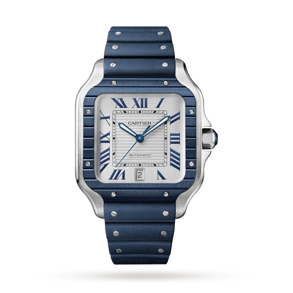 nan cartier de santos large steel silver blue bial men s automatic watch - product image from Imperial Time UK Ltd