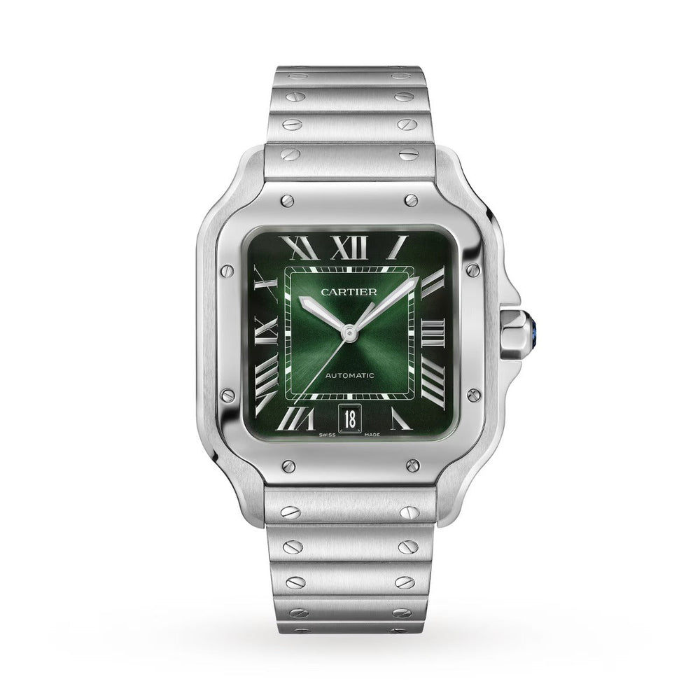 Santos De Cartier WSSA0062 Large Green Dial Interchangeable Leather Strap Luxury Swiss Watch Certified Pre-Owned Kensington London Boutique - produ...