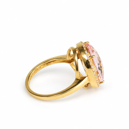 Profile of 18ct yellow gold morganite diamond halo ring and raised open setting