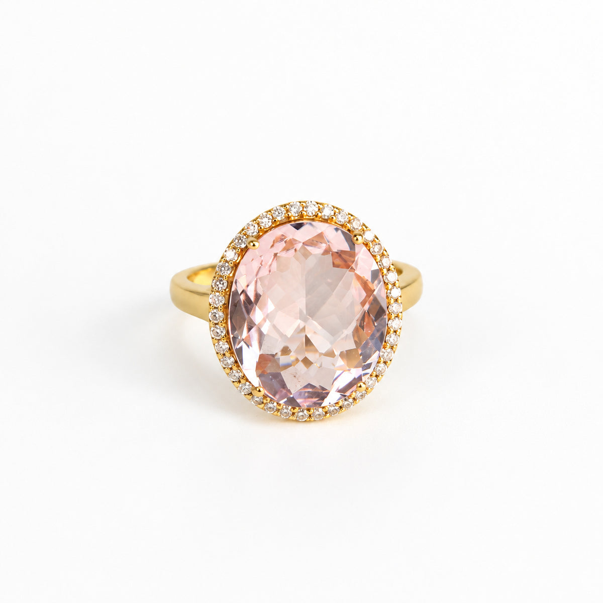 Front view of 18ct yellow gold oval pink morganite ring with natural diamond halo