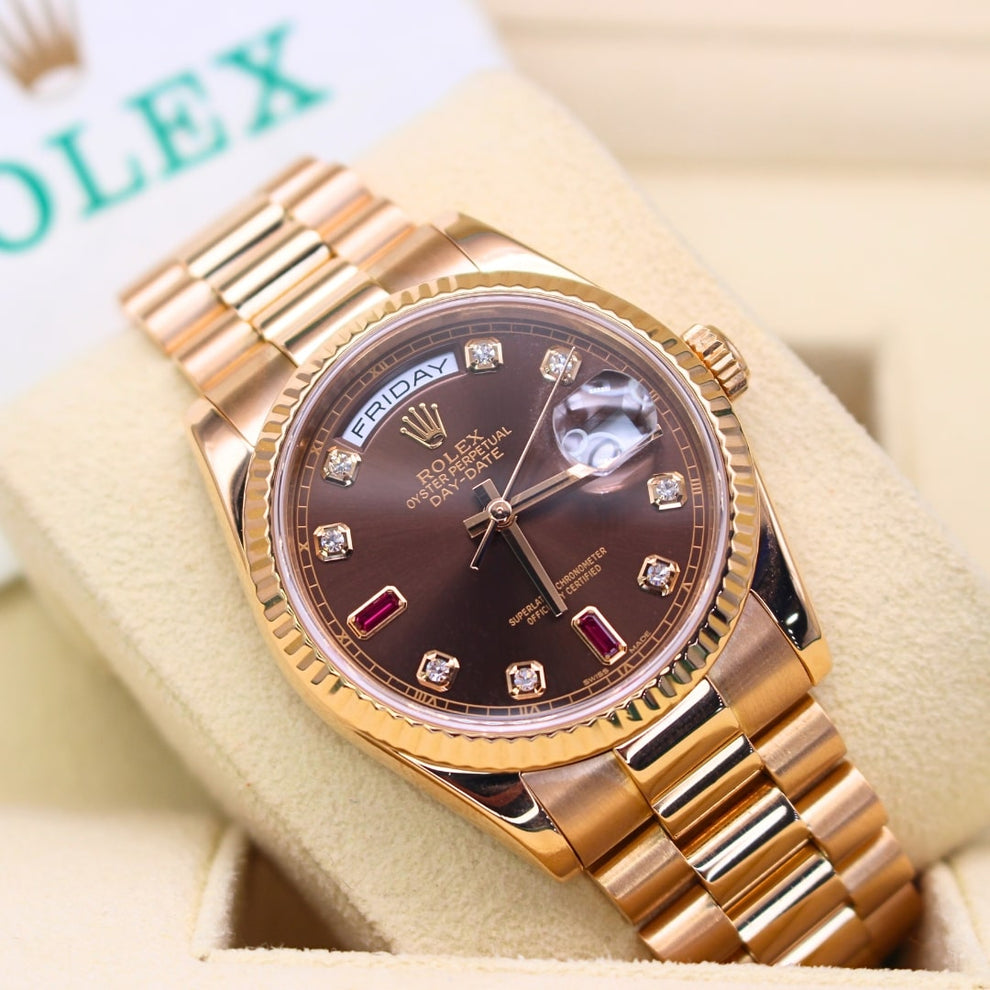 Rolex Day Date 118235 President Bracelet Brown Dial Rose Gold 2002 Good Condition Fluted Bezel 36mm Mechanical Watch - product image from Imperial Time ...