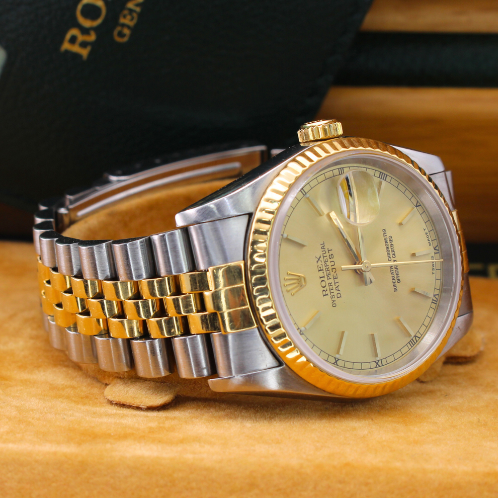 Rolex Datejust 36 16233 Jubilee Bracelet Champagne Dial Yellow Gold Pristine Condition Fluted Bezel 36mm Mechanical Watch - product image from Imperial ...