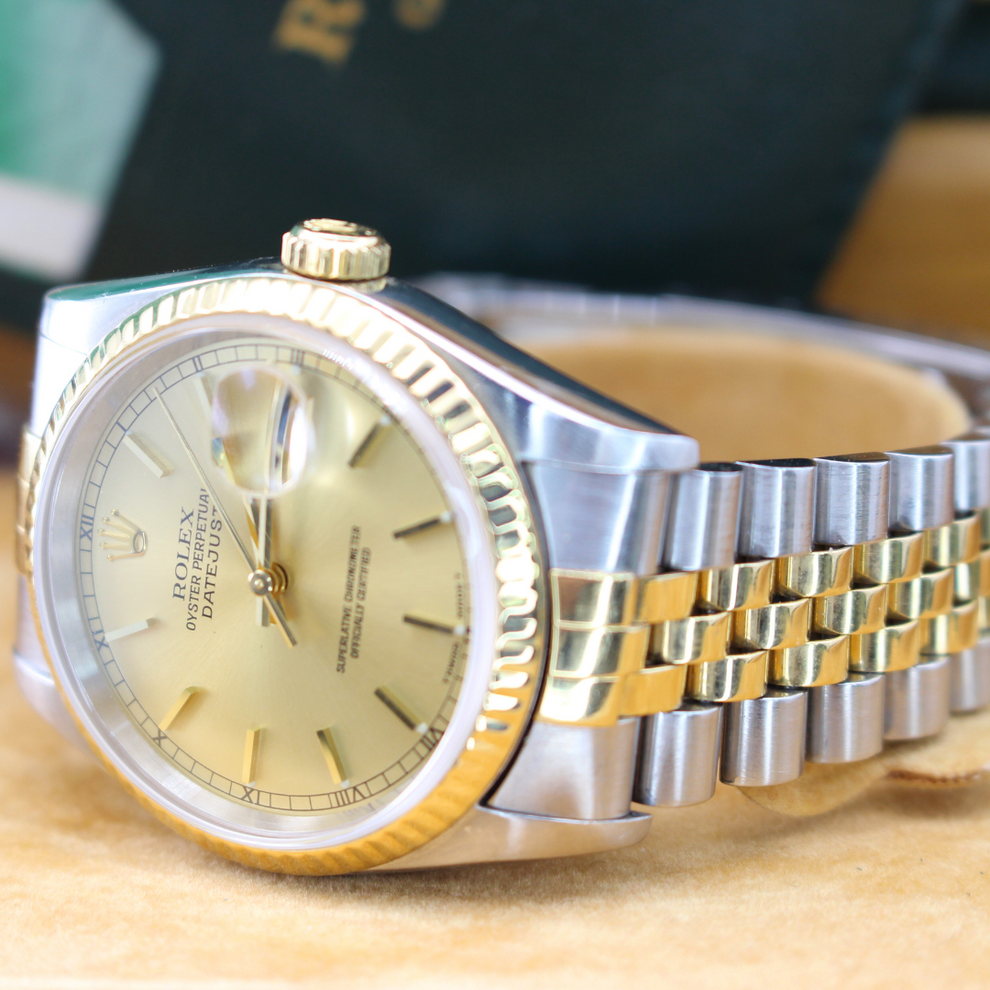 Rolex Datejust 36 16233 Jubilee Bracelet Champagne Dial Yellow Gold Pristine Condition Fluted Bezel 36mm Mechanical Watch - product image from Imperial ...