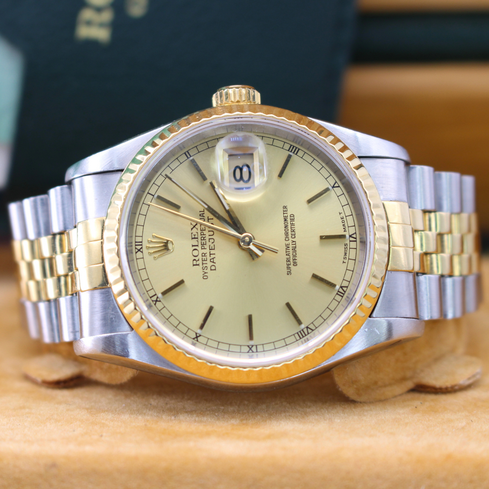 Rolex Datejust 36 16233 Jubilee Bracelet Champagne Dial Yellow Gold Pristine Condition Fluted Bezel 36mm Mechanical Watch - product image from Imperial ...