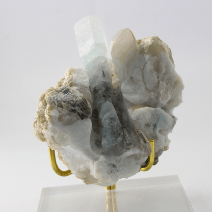 Mineral sample on a stand against a white background