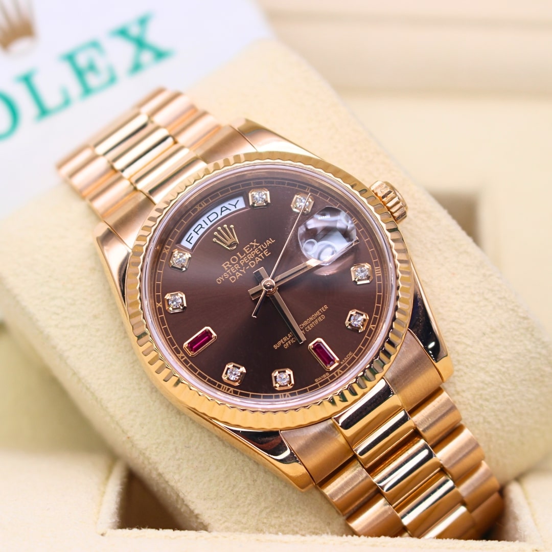 Rolex Day-Date 36 118235 Chocolate Diamond and Ruby Dial 2002 - Full Set Includes Box and Papers