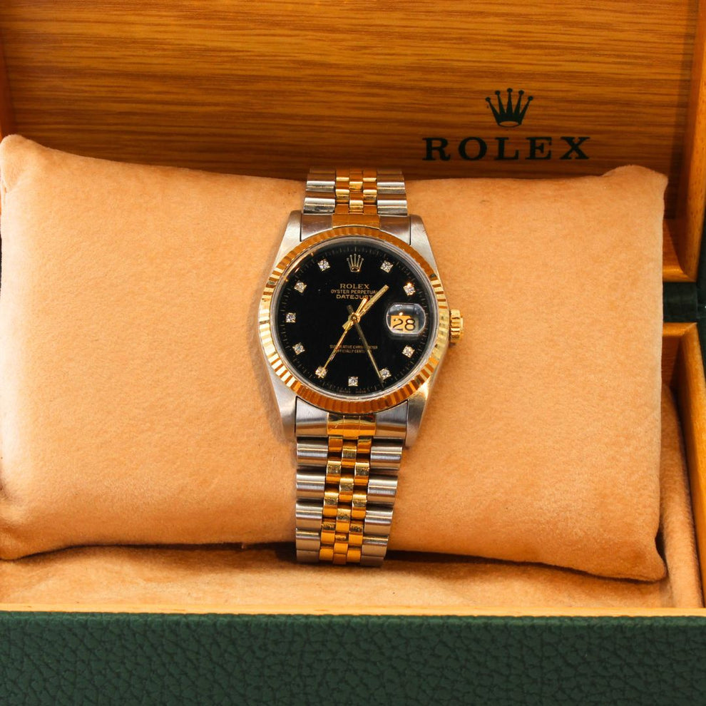 Rolex Datejust 36 16233 Jubilee Bracelet Black Dial Yellow Gold Pristine Condition Fluted Bezel 36mm Mechanical Watch - product image from Imperial Time...