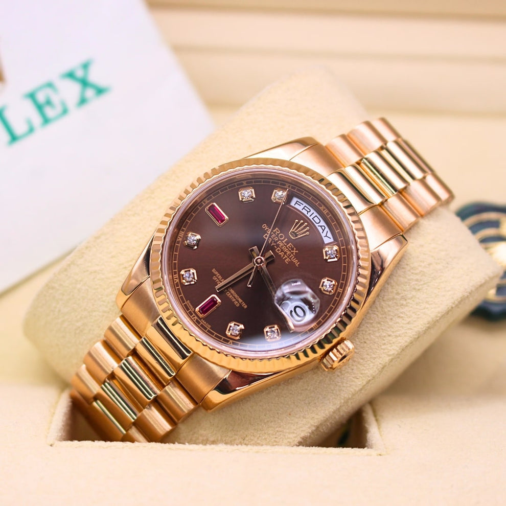 Rolex Day Date 118235 President Bracelet Brown Dial Rose Gold 2002 Good Condition Fluted Bezel 36mm Mechanical Watch - product image from Imperial Time ...