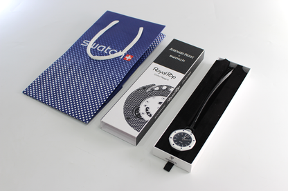 Swatch x AP Royal Pop OCHO NEGRO pocket watch with black lanyard, presentation packaging and Swatch shopping bag