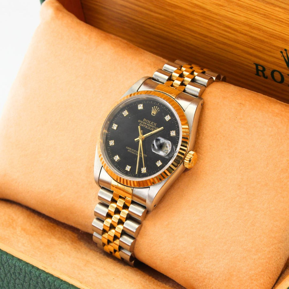Rolex Datejust 36 16233 Jubilee Bracelet Black Dial Yellow Gold Pristine Condition Fluted Bezel 36mm Mechanical Watch - product image from Imperial Time...