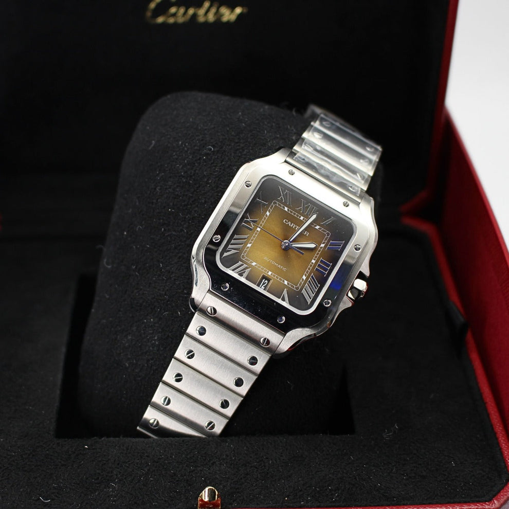nan cartier santos wssa0065 large brown dial 2024 interchangeable leather strap - product image from Imperial Time UK Ltd