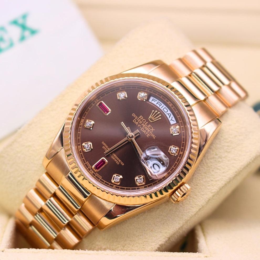 Rolex Day Date 118235 President Bracelet Brown Dial Rose Gold 2002 Good Condition Fluted Bezel 36mm Mechanical Watch - product image from Imperial Time ...