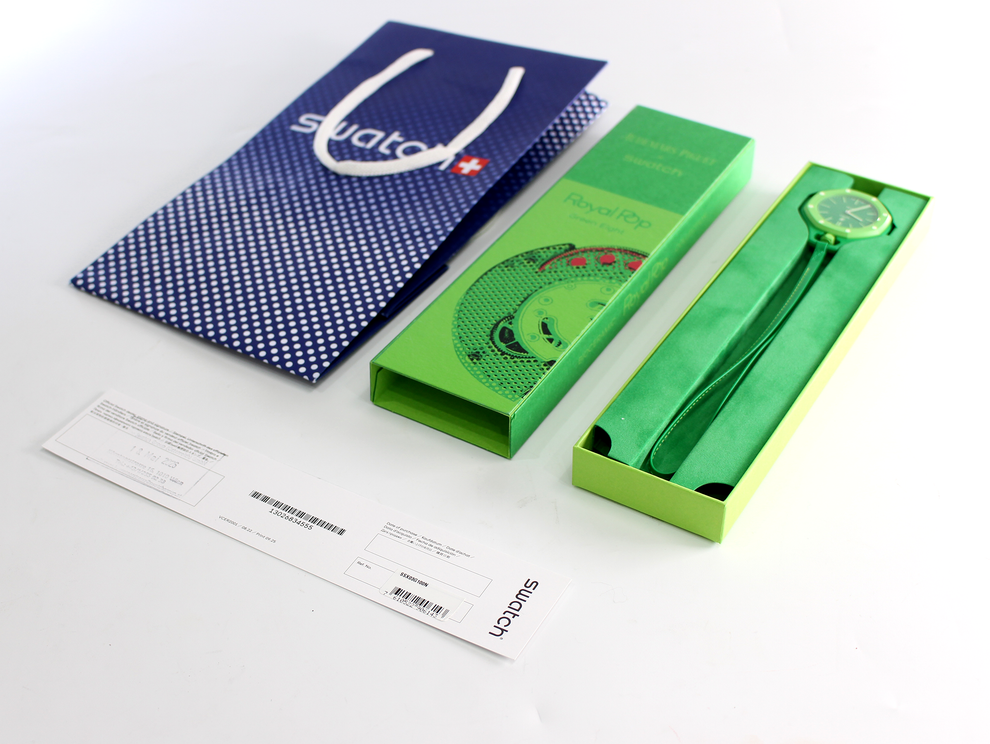 Swatch Royal Pop GREEN EIGHT pocket watch with green lanyard, presentation box, shopping bag and paperwork