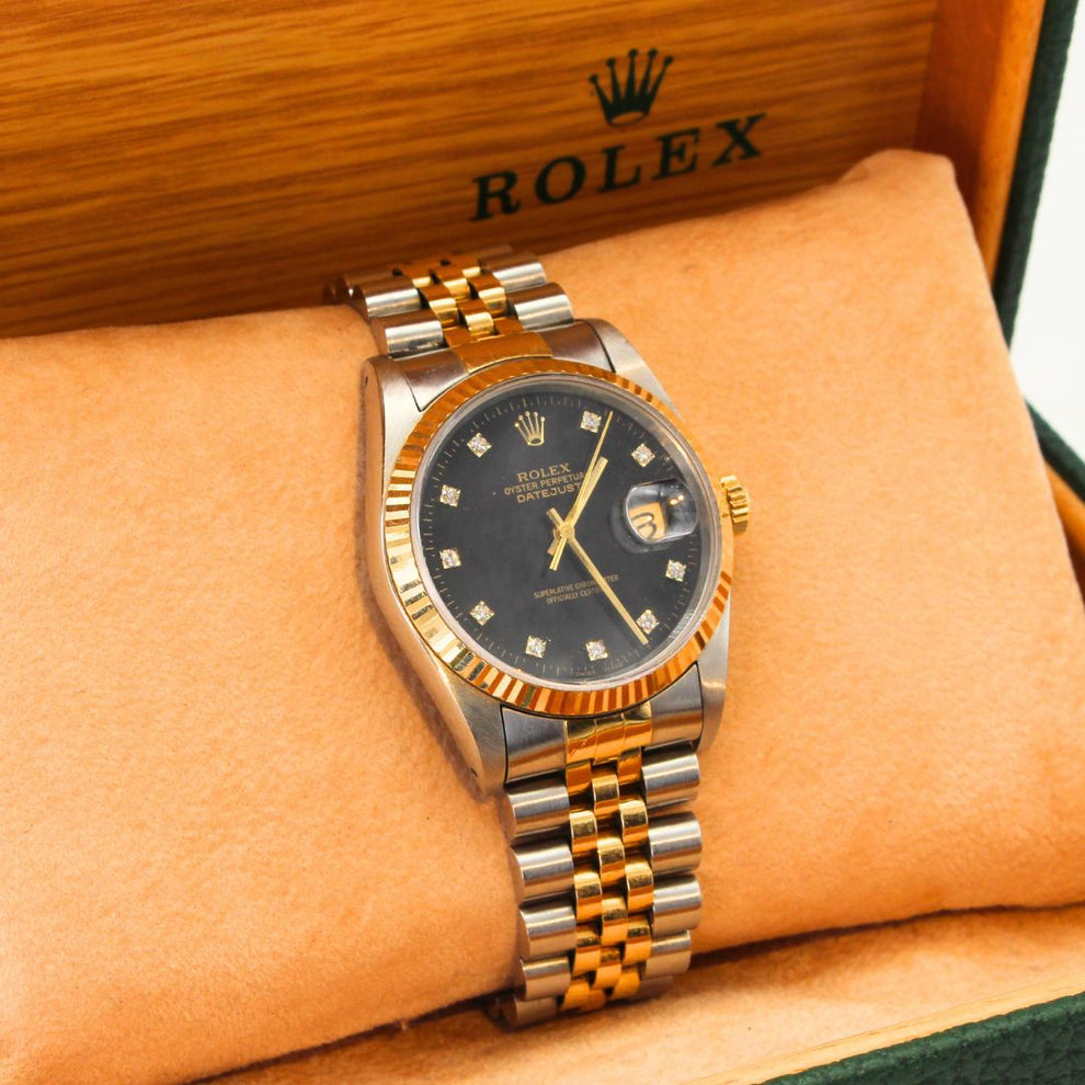 Rolex Datejust 36 16233 Jubilee Bracelet Black Dial Yellow Gold Pristine Condition Fluted Bezel 36mm Mechanical Watch - product image from Imperial Time...