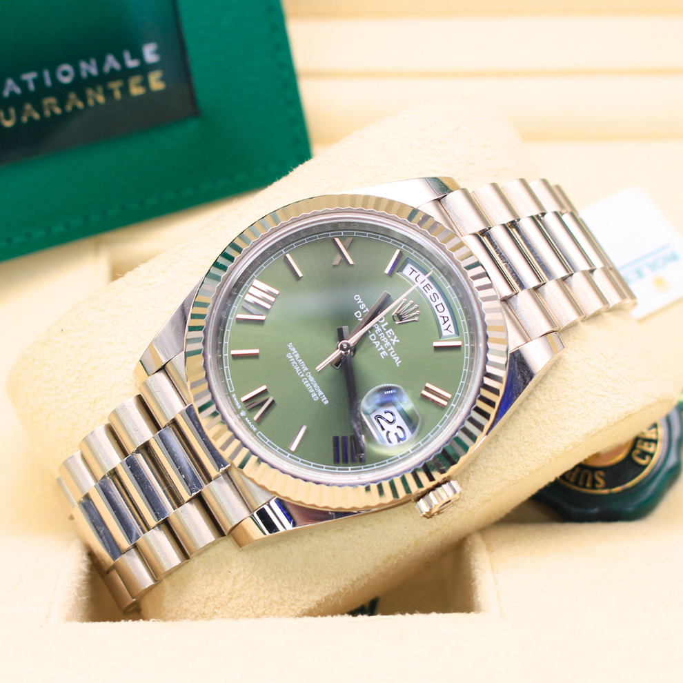 Rolex Day Date 228239 President Bracelet Green Dial White Gold 2021 Unworn Condition Fluted Bezel 40 Mm Mechanical Watch - product image from Imperial Ti...