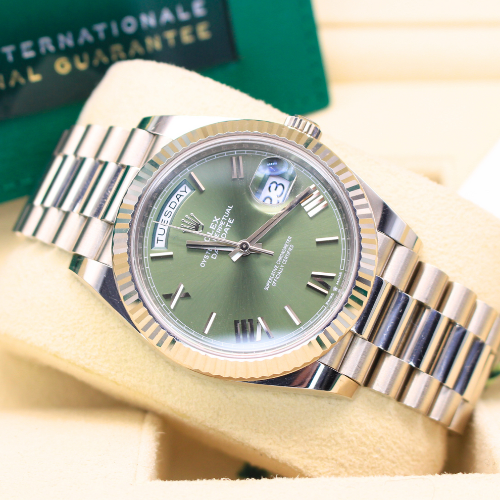 Rolex Day Date 228239 President Bracelet Green Dial White Gold 2021 Unworn Condition Fluted Bezel 40 Mm Mechanical Watch - product image from Imperial Ti...