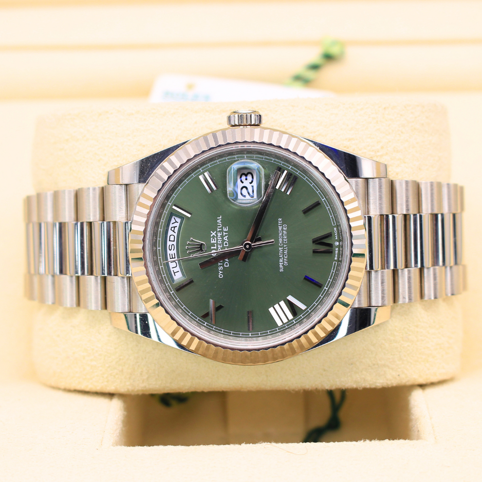 Rolex Day Date 228239 President Bracelet Green Dial White Gold 2021 Unworn Condition Fluted Bezel 40 Mm Mechanical Watch - product image from Imperial Ti...