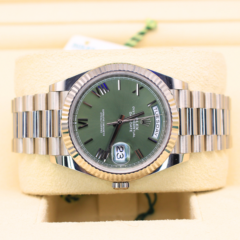 Rolex Day Date 228239 President Bracelet Green Dial White Gold 2021 Unworn Condition Fluted Bezel 40 Mm Mechanical Watch - product image from Imperial Ti...