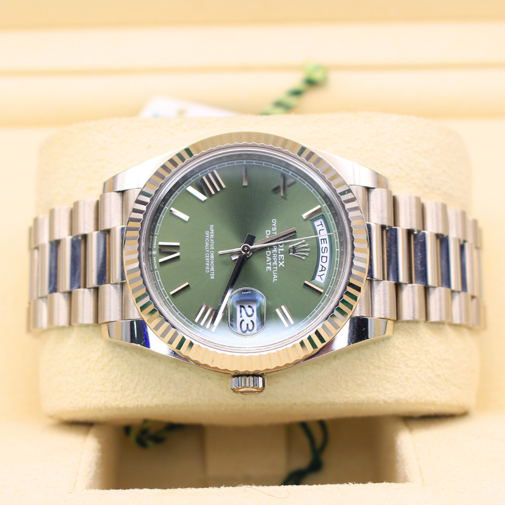 Rolex Day Date 228239 President Bracelet Green Dial White Gold 2021 Unworn Condition Fluted Bezel 40 Mm Mechanical Watch - product image from Imperial Ti...
