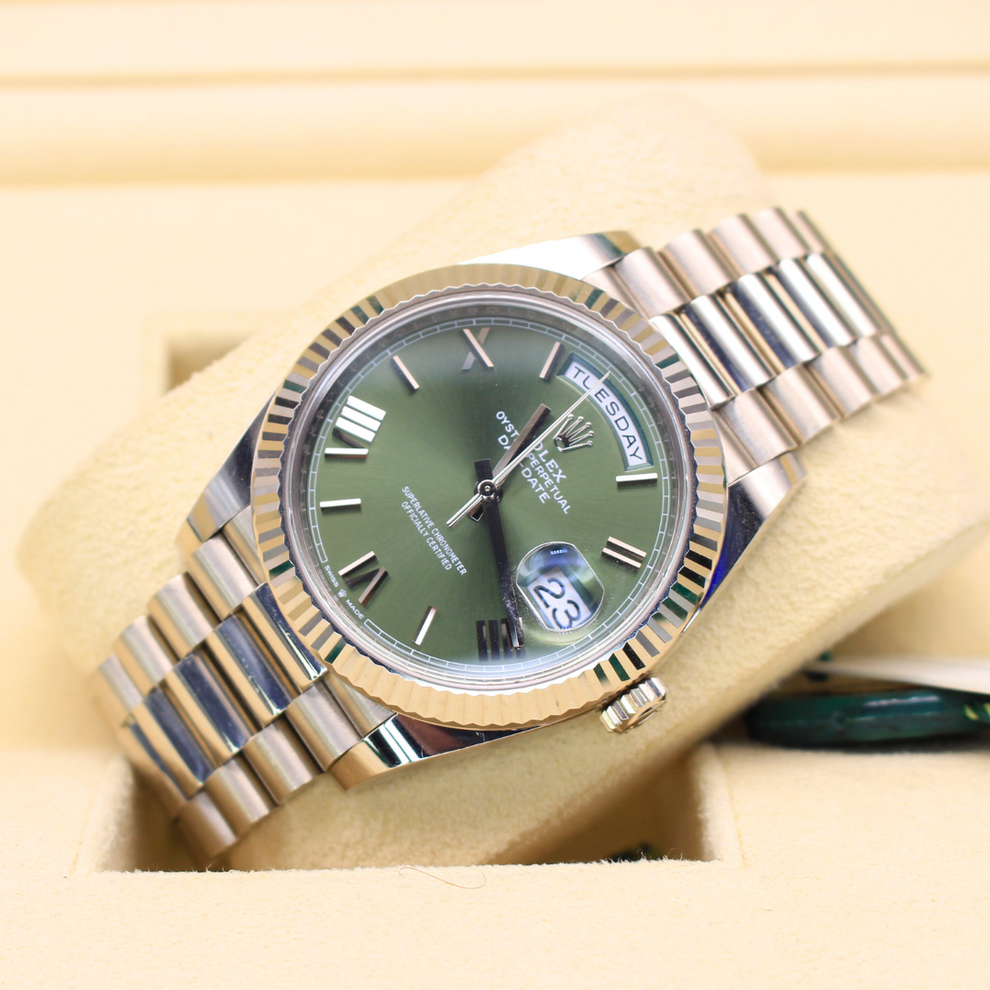 Rolex Day Date 228239 President Bracelet Green Dial White Gold 2021 Unworn Condition Fluted Bezel 40 Mm Mechanical Watch - product image from Imperial Ti...